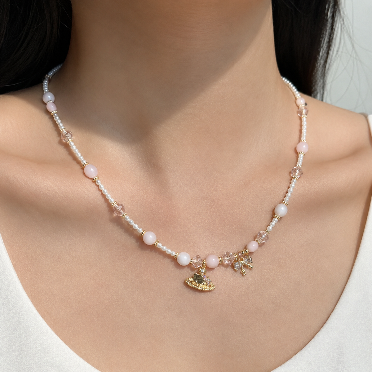 Blush Ribbon Pearl Necklace