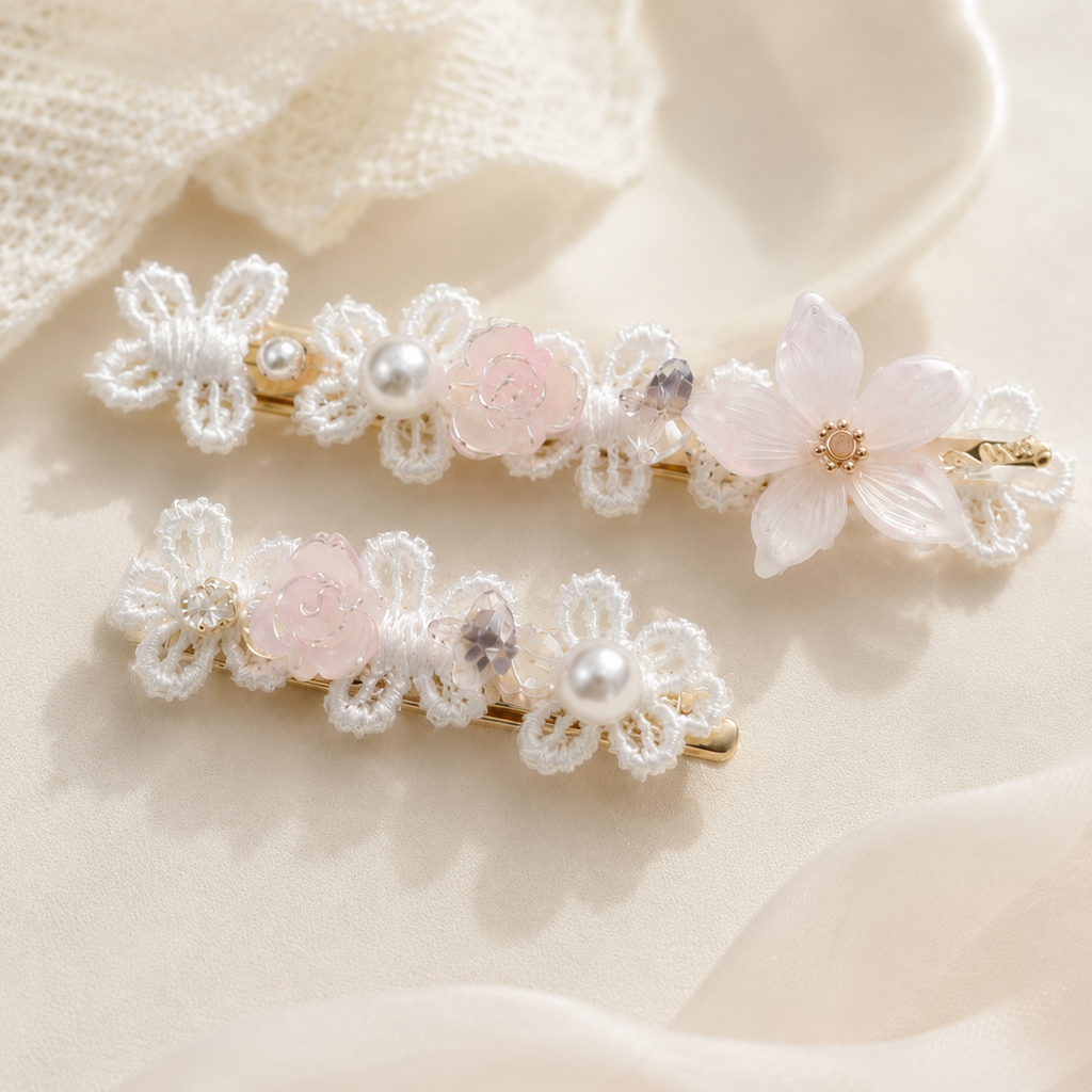 Blush Lace Flower Hair Clip Set