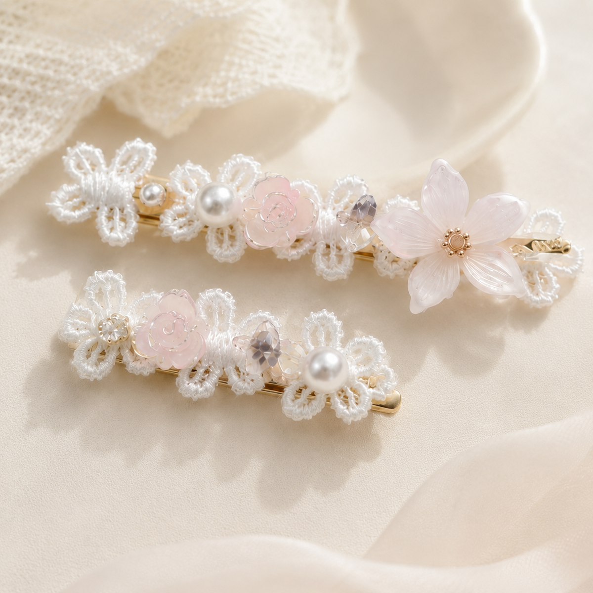 Blush Lace Flower Hair Clip Set