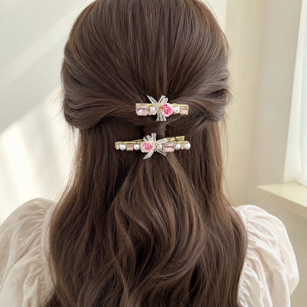 Blush Rose Ribbon Hair Clip Set