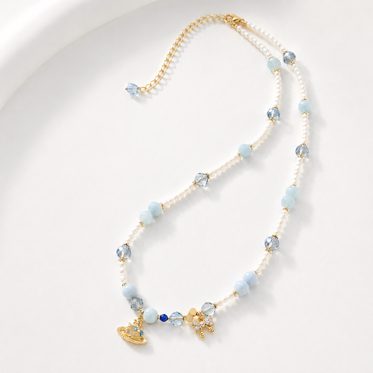 Powder Blue Crown Charm Necklace