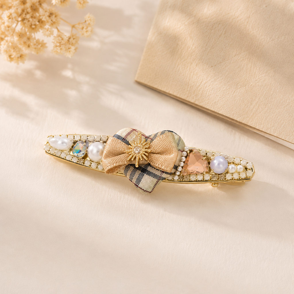 Plaid Bow Pearl Hair Clip