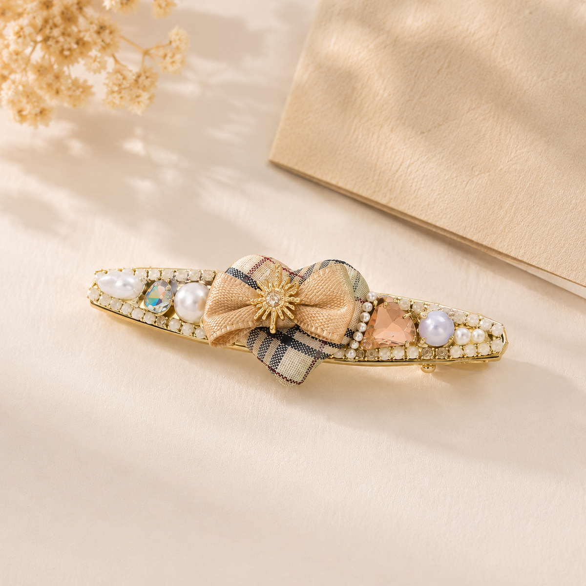 Plaid Bow Pearl Hair Clip