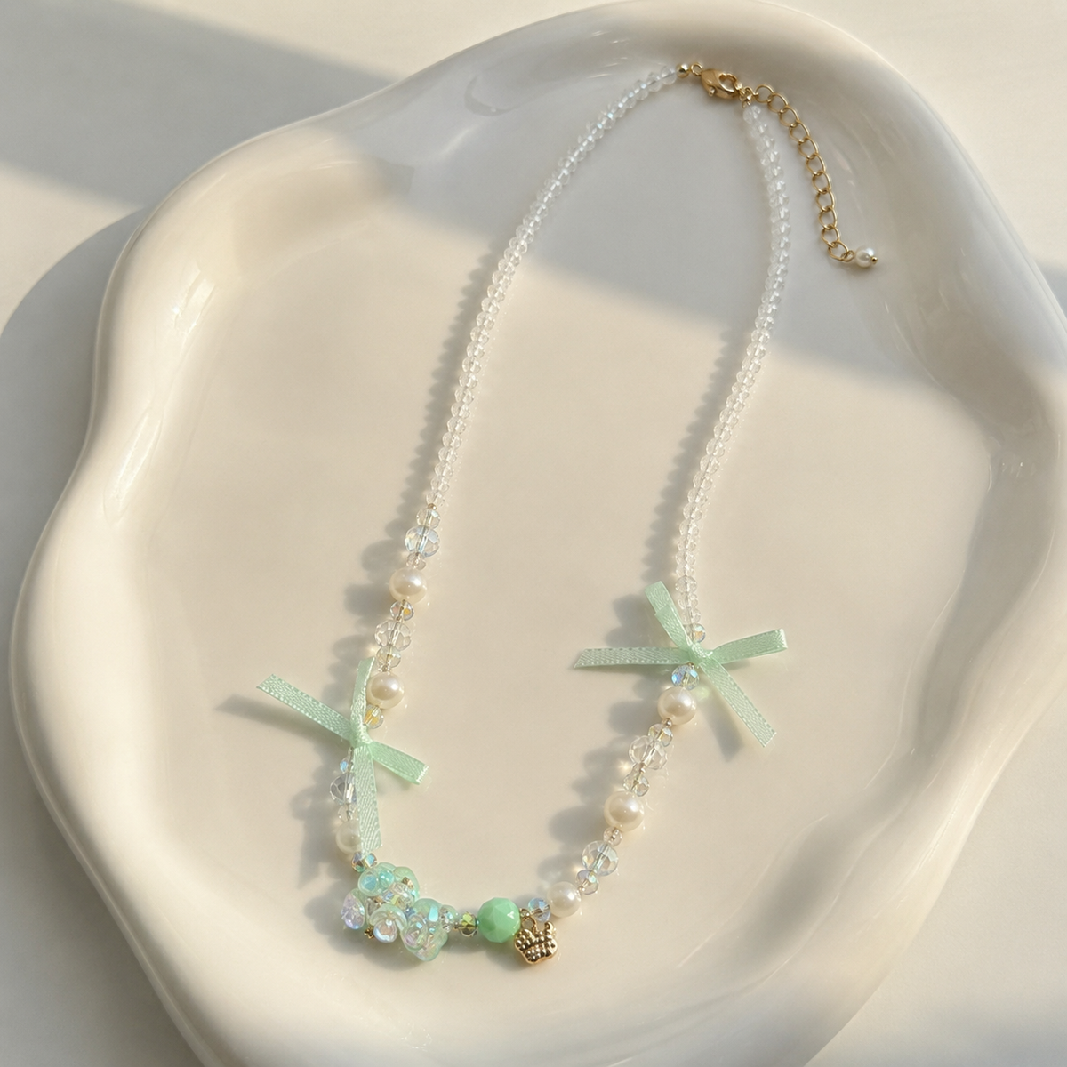 Mint Ribbon Crystal Necklace