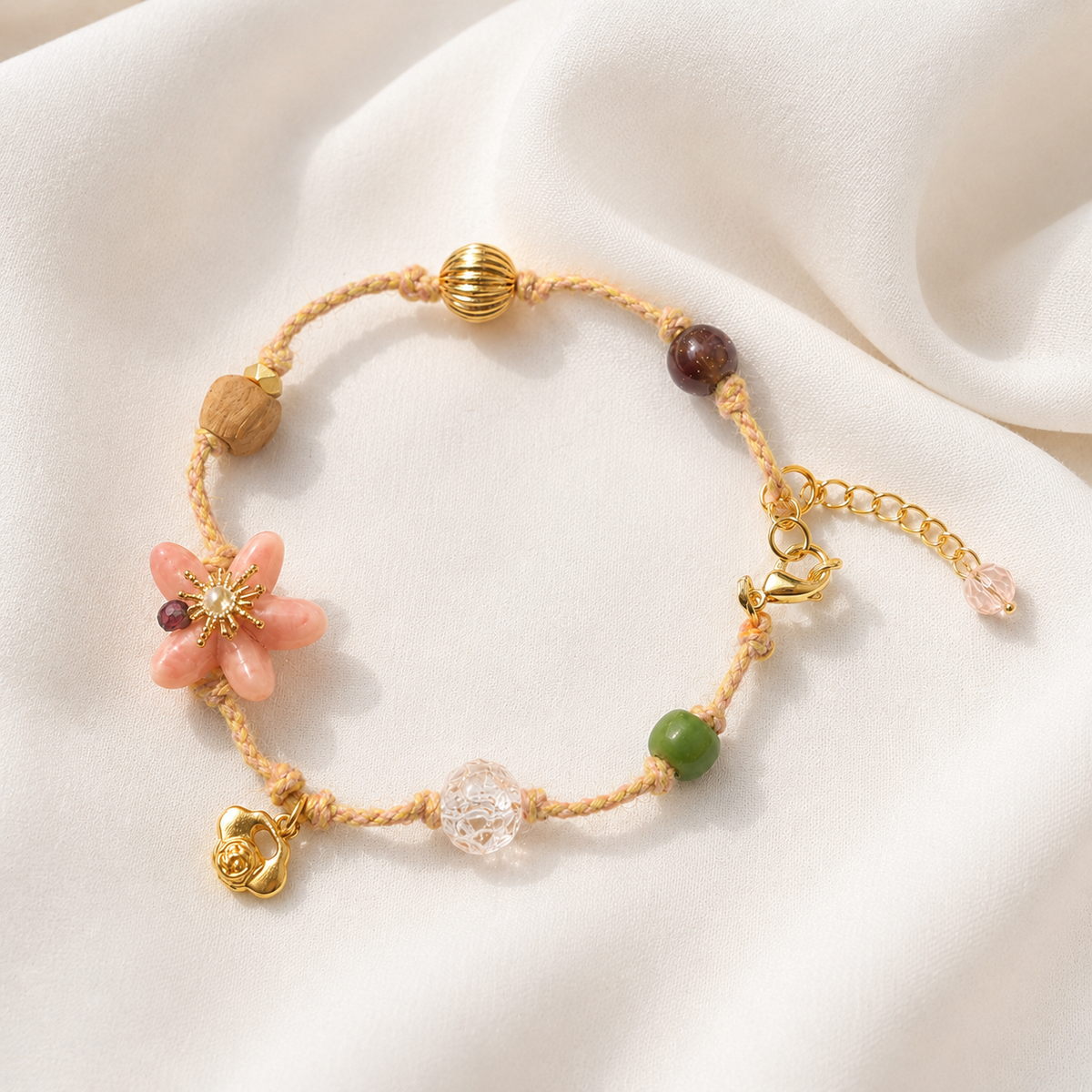 Peach Blossom Cord Charm Bracelet