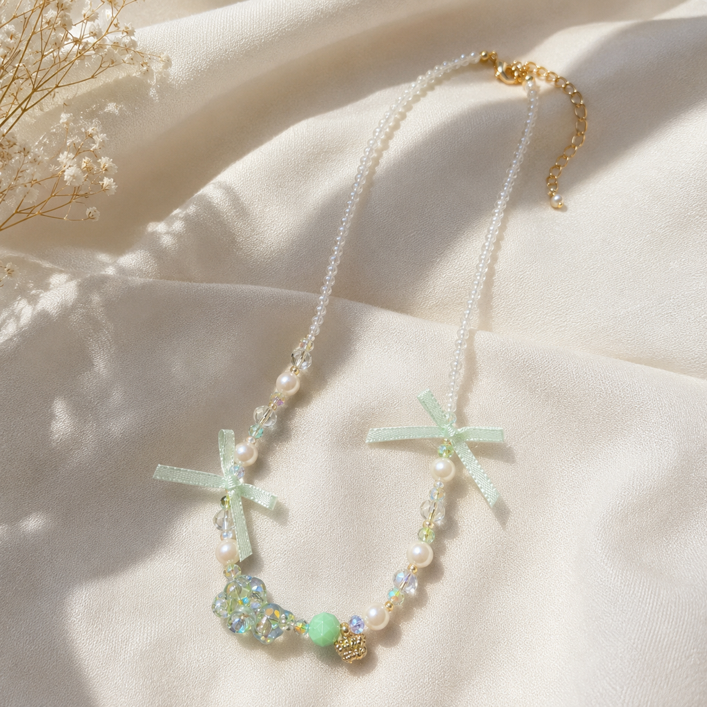 Mint Ribbon Crystal Necklace