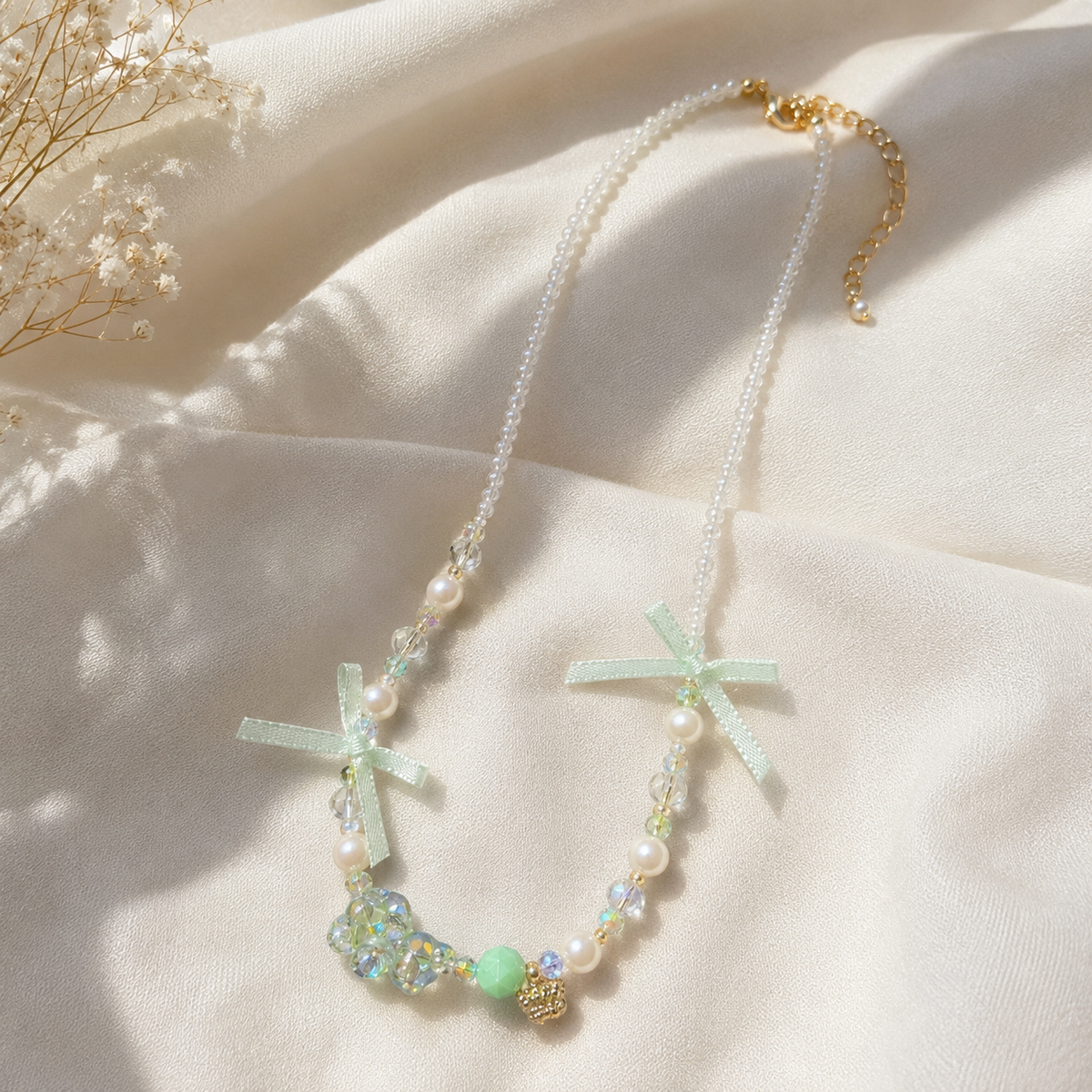 Mint Ribbon Crystal Necklace