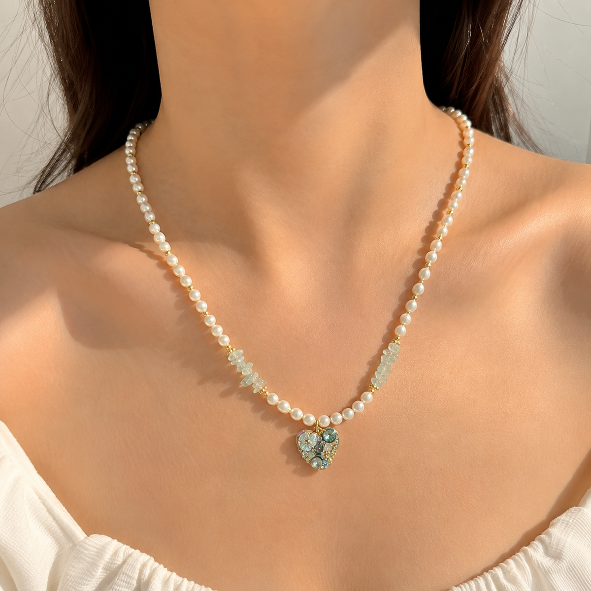Aqua Heart Pearl Necklace