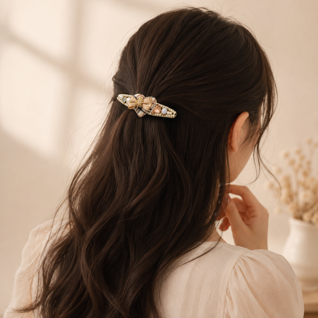 Plaid Bow Pearl Hair Clip