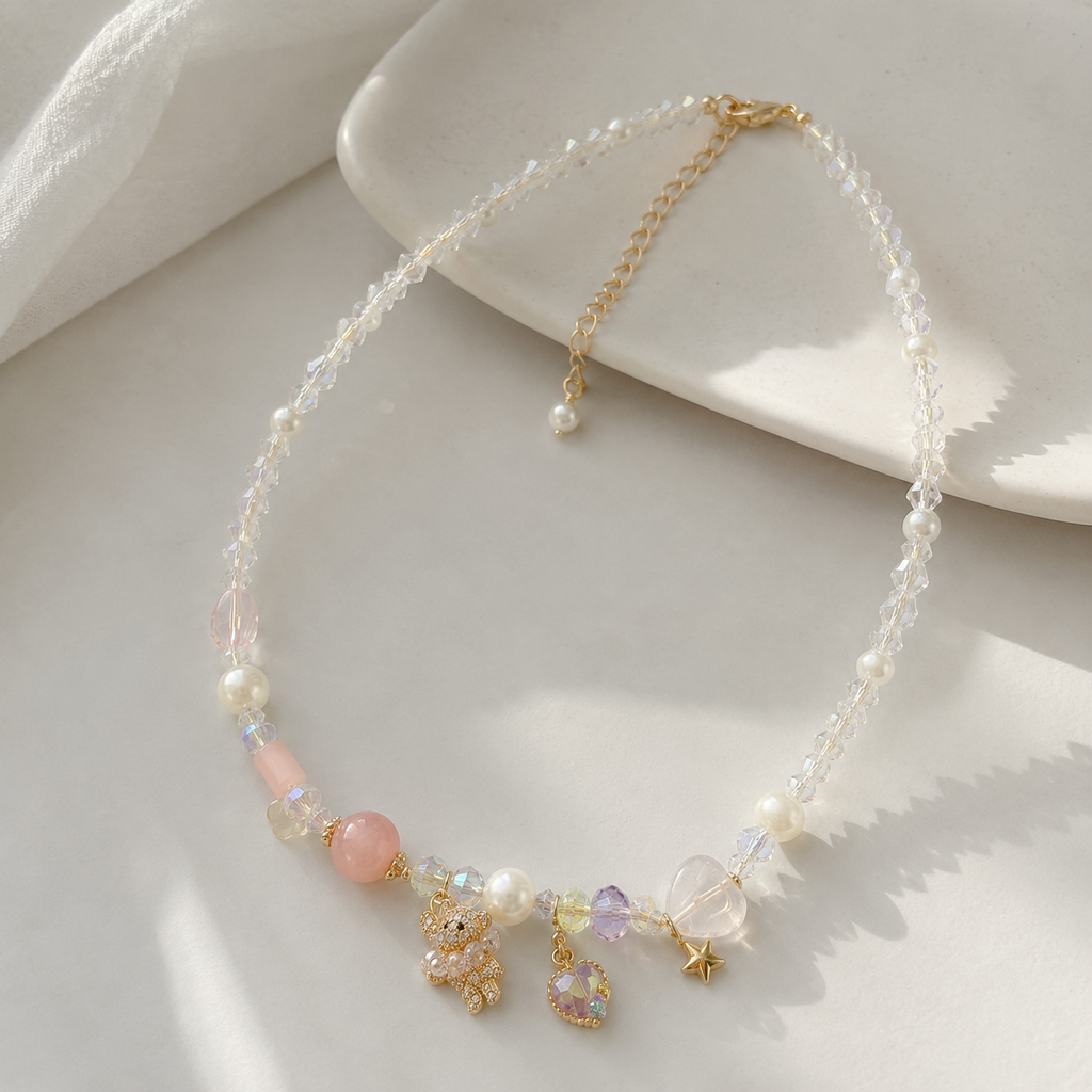Pink Crystal & Pearl Charm Necklace