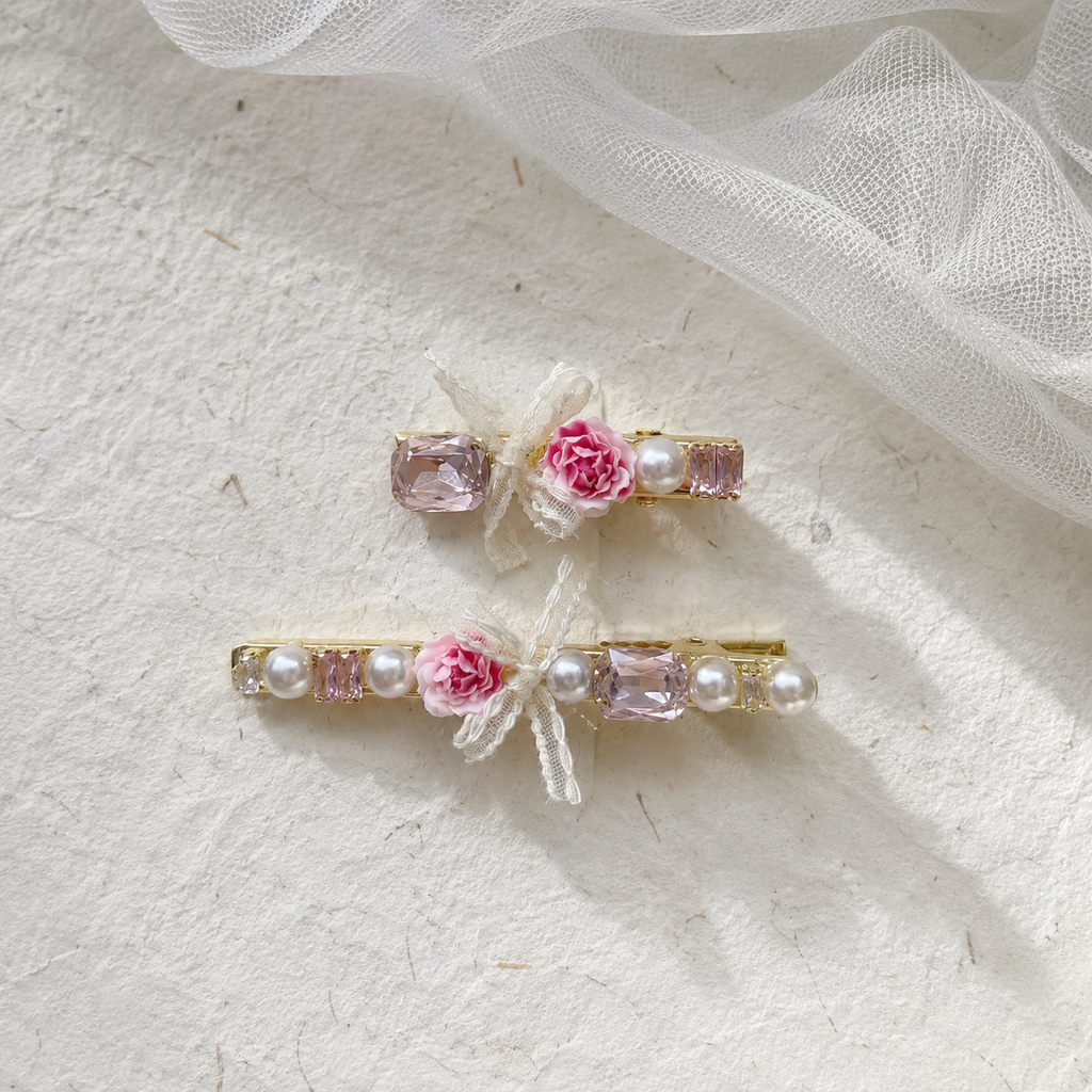 Blush Rose Ribbon Hair Clip Set