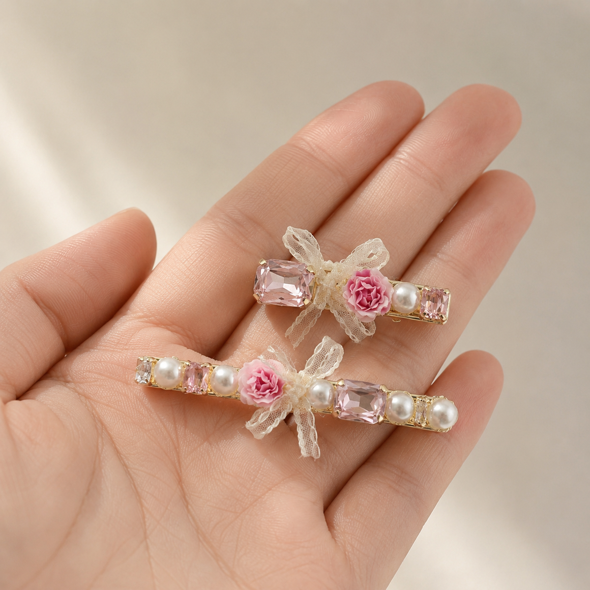 Blush Rose Ribbon Hair Clip Set