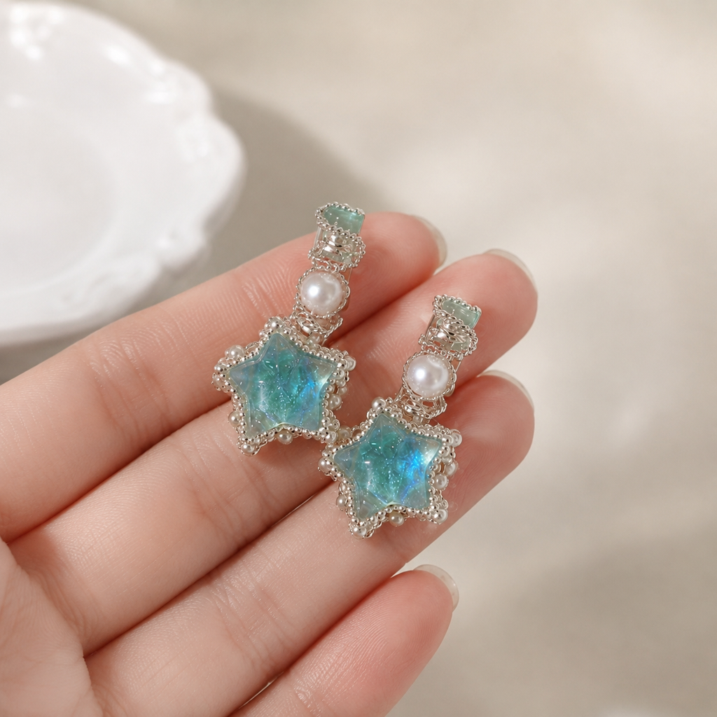 Aqua Star Pearl Drop Earrings