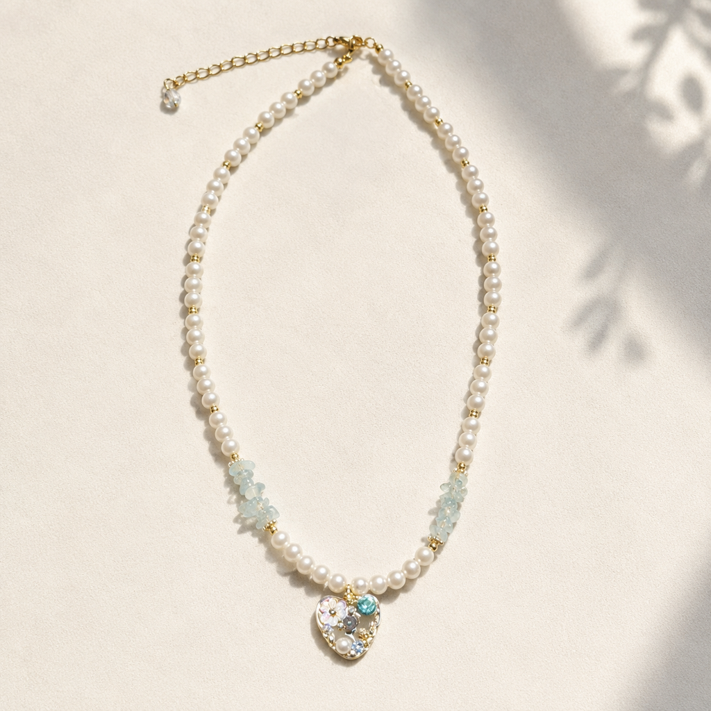 Aqua Heart Pearl Necklace