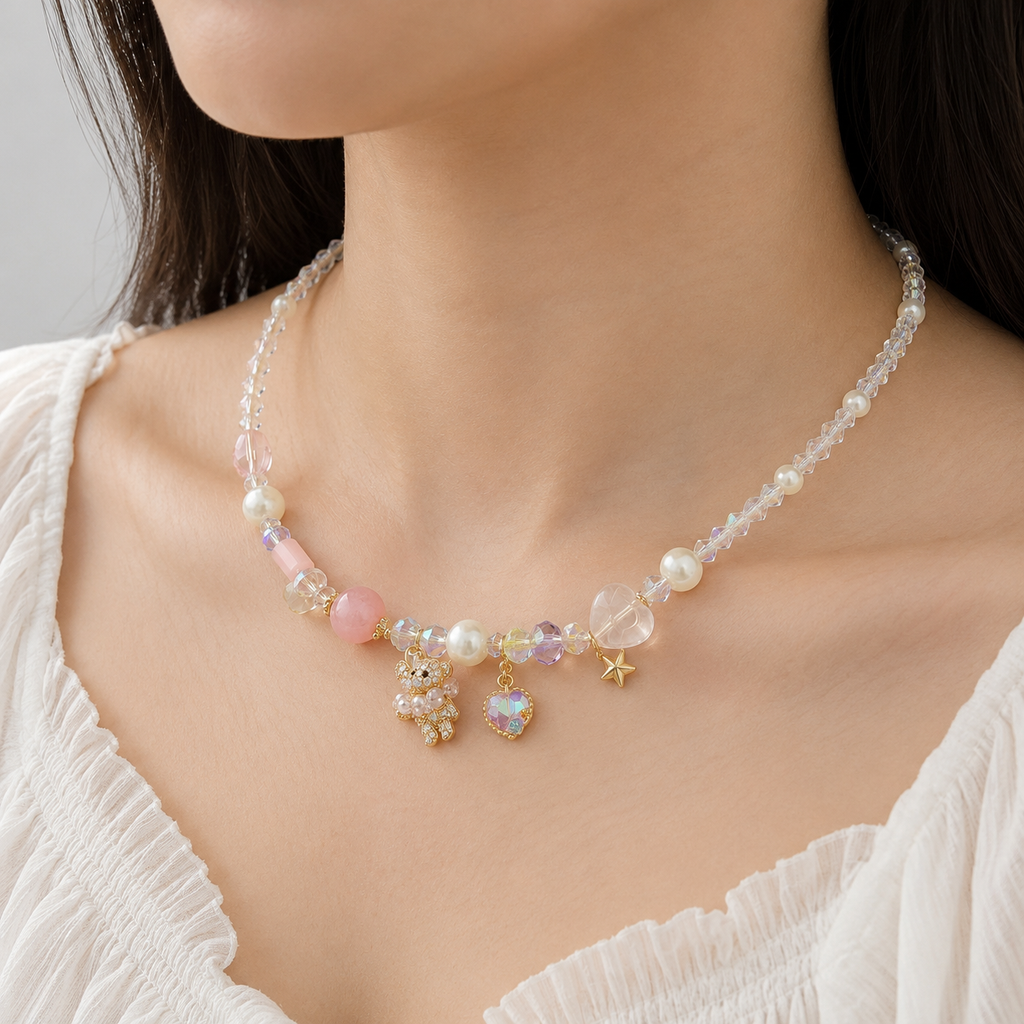 Pink Crystal & Pearl Charm Necklace