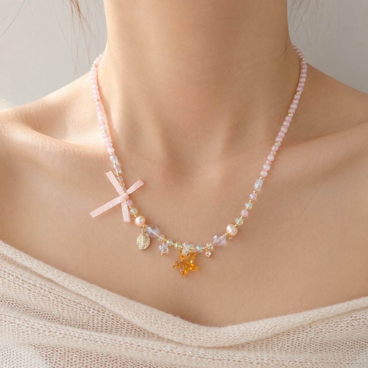 Pink Star Ribbon Necklace