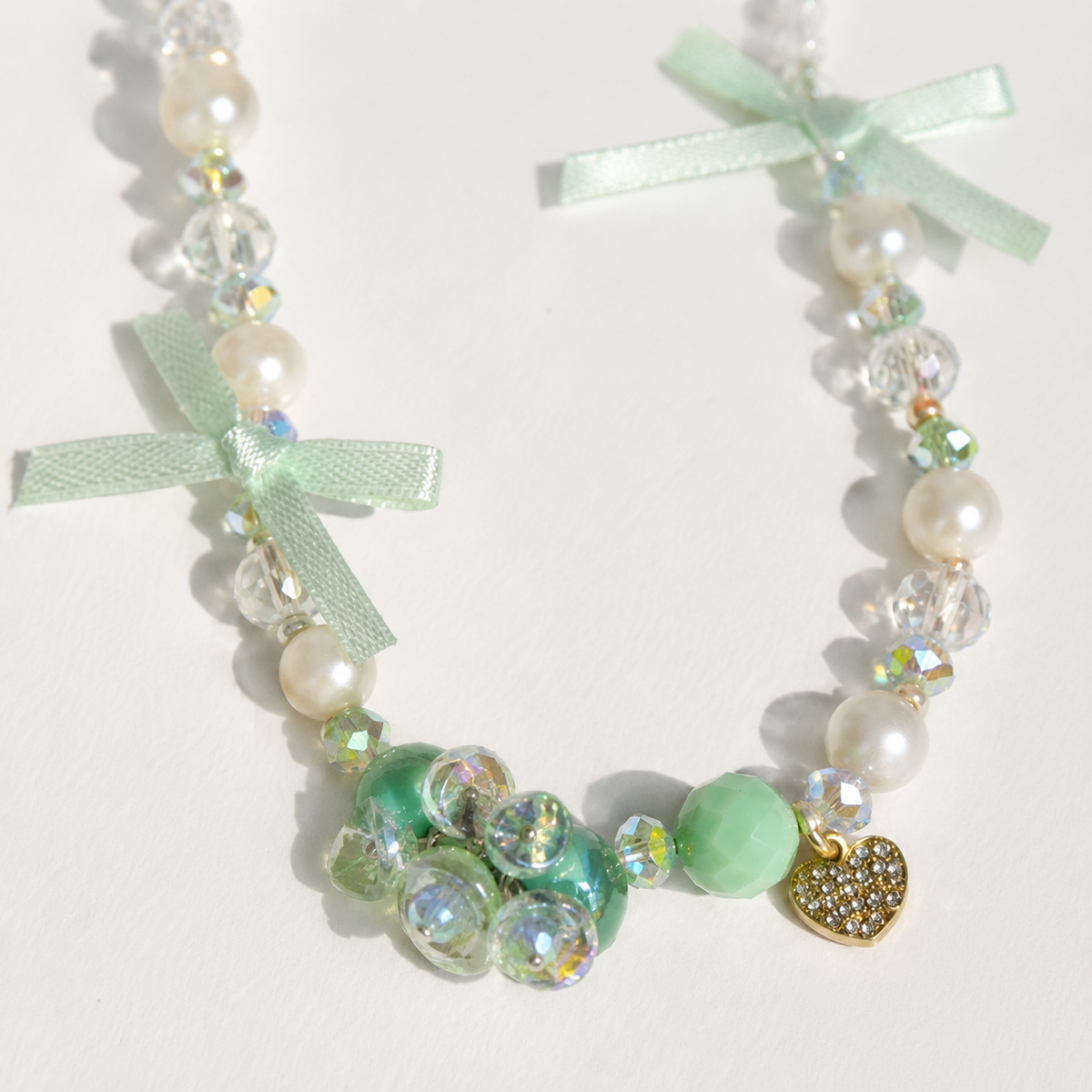 Mint Ribbon Crystal Necklace