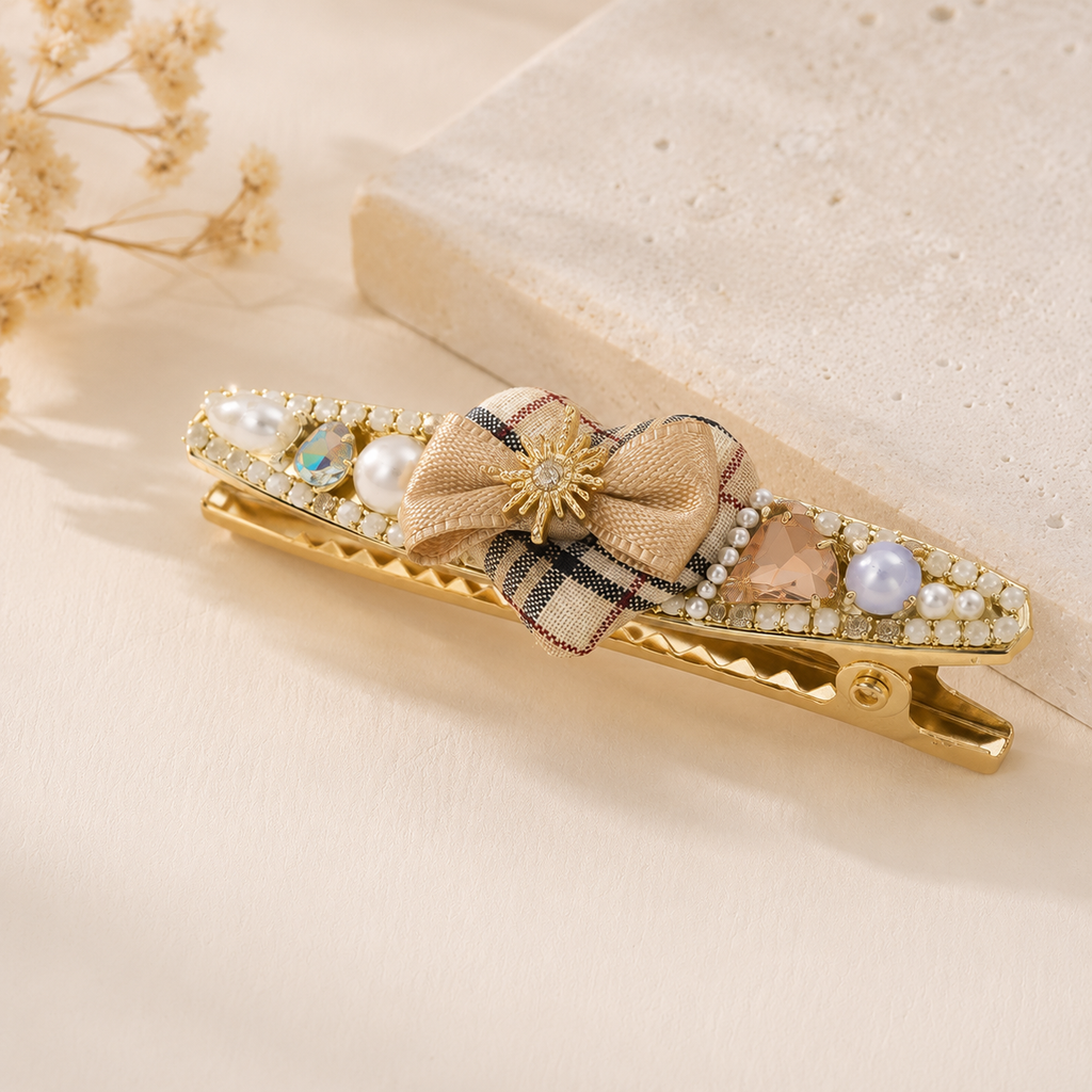 Plaid Bow Pearl Hair Clip