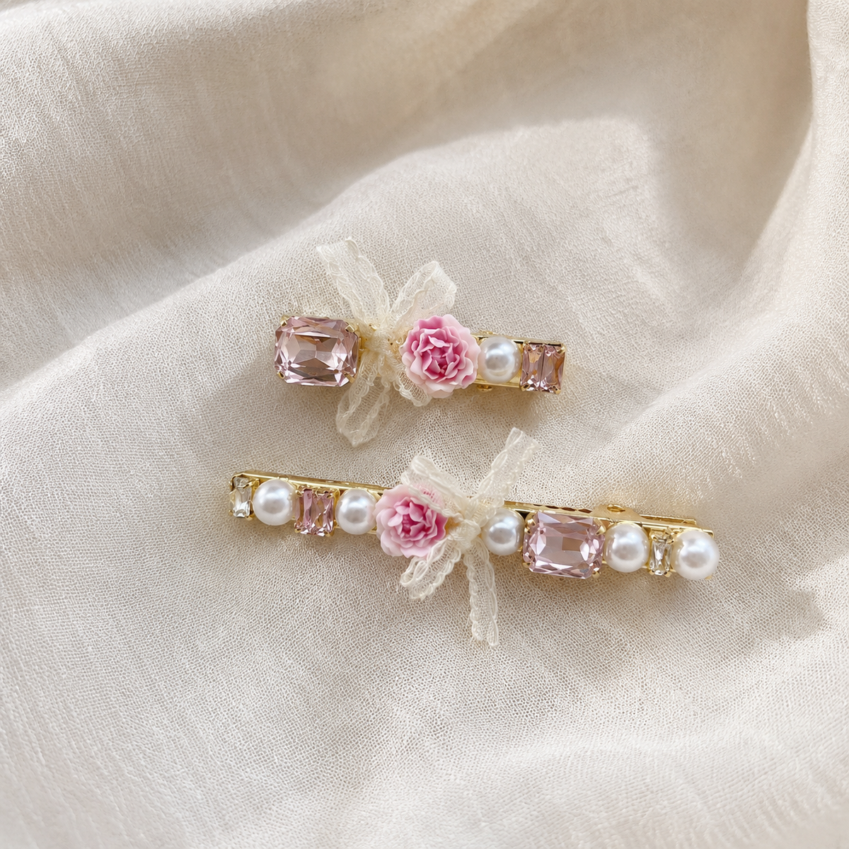 Blush Rose Ribbon Hair Clip Set