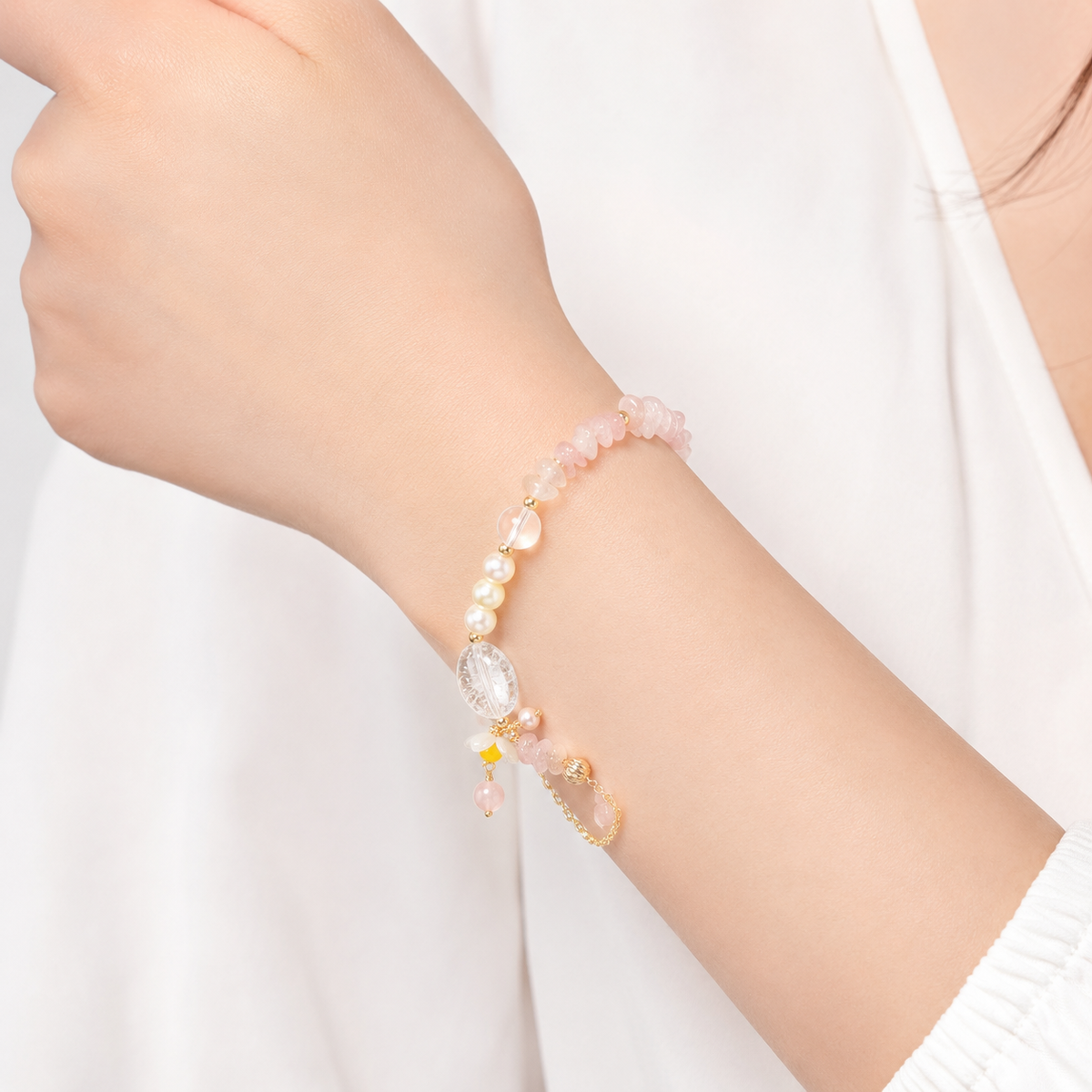 Spring Rose Quartz, Clear Quartz & Pearl Bracelet