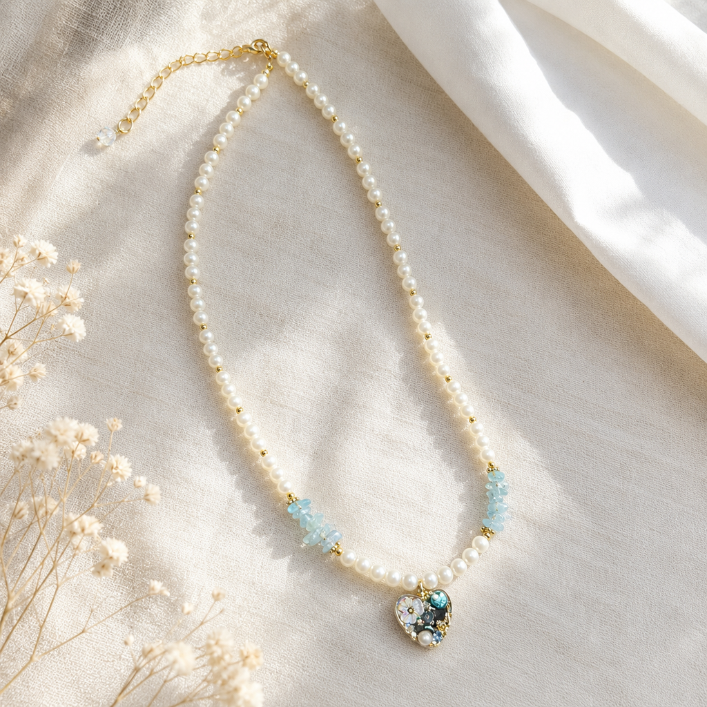 Aqua Heart Pearl Necklace