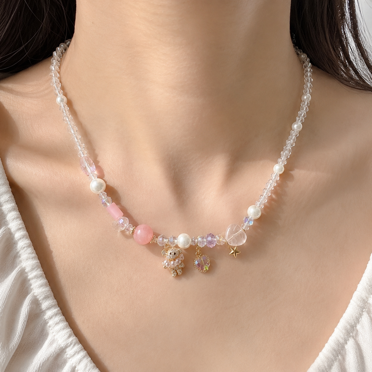 Pink Crystal & Pearl Charm Necklace