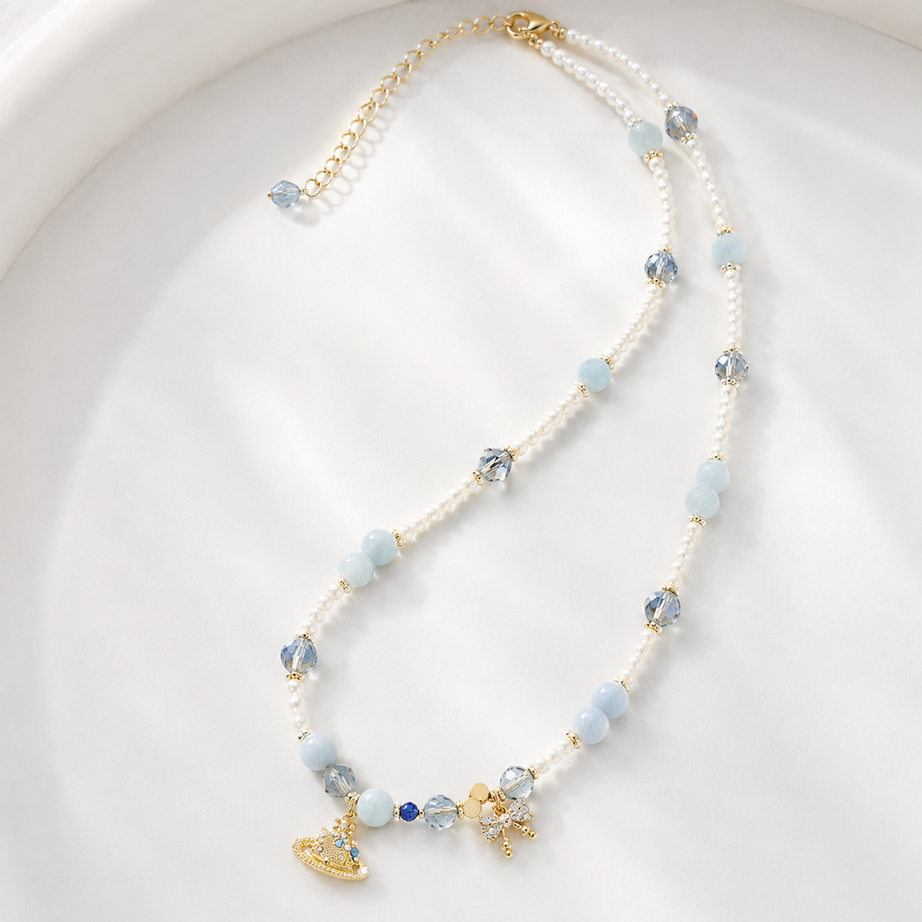 Powder Blue Crown Charm Necklace
