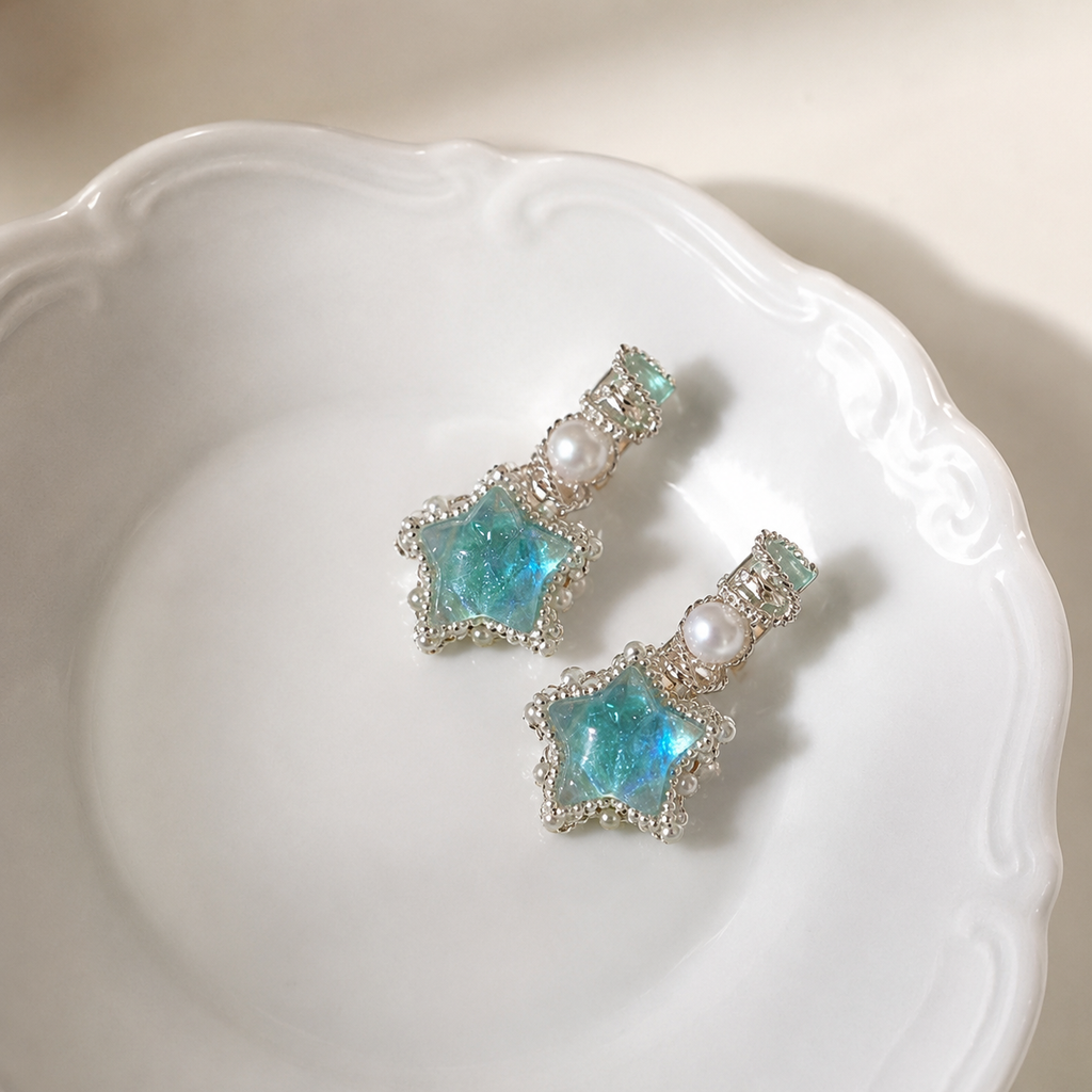 Aqua Star Pearl Drop Earrings