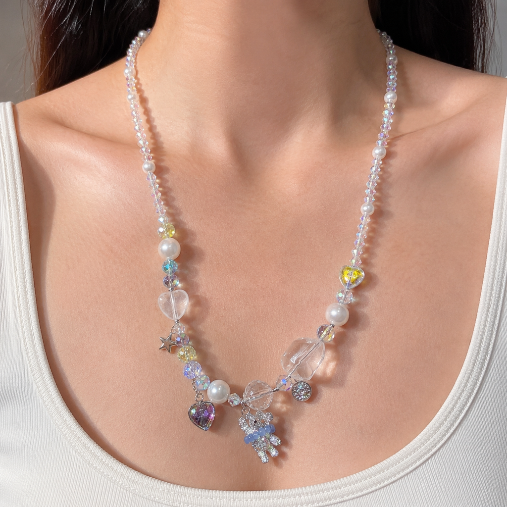 Iridescent Crystal & Pearl Charm Necklace