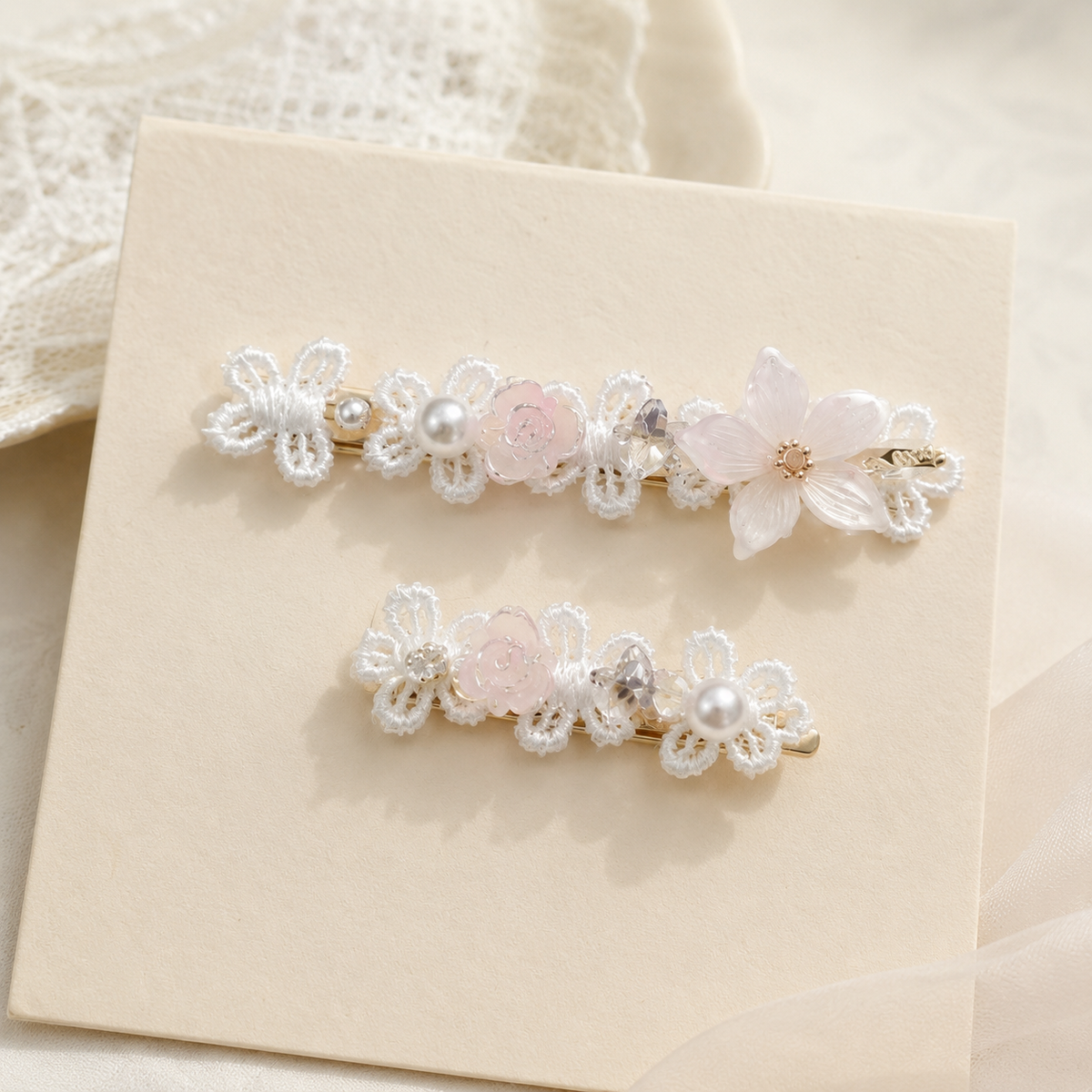 Blush Lace Flower Hair Clip Set