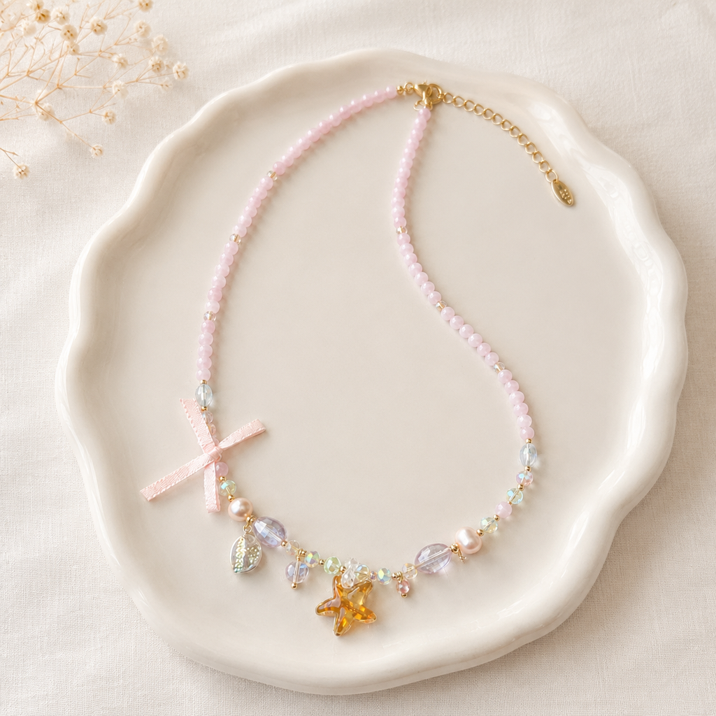 Pink Star Ribbon Necklace