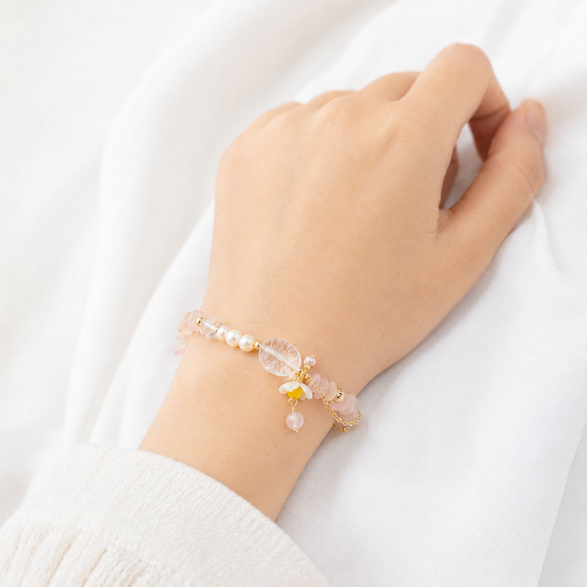 Spring Rose Quartz, Clear Quartz & Pearl Bracelet