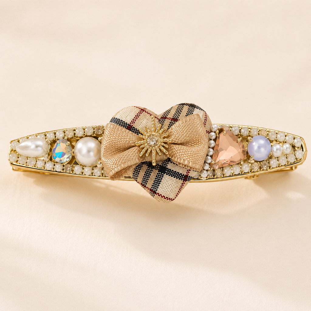 Plaid Bow Pearl Hair Clip