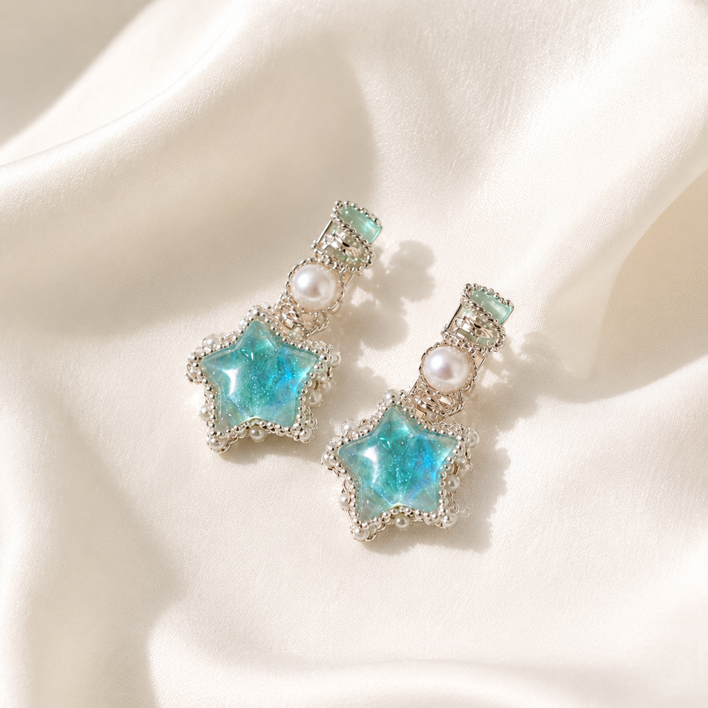 Aqua Star Pearl Drop Earrings