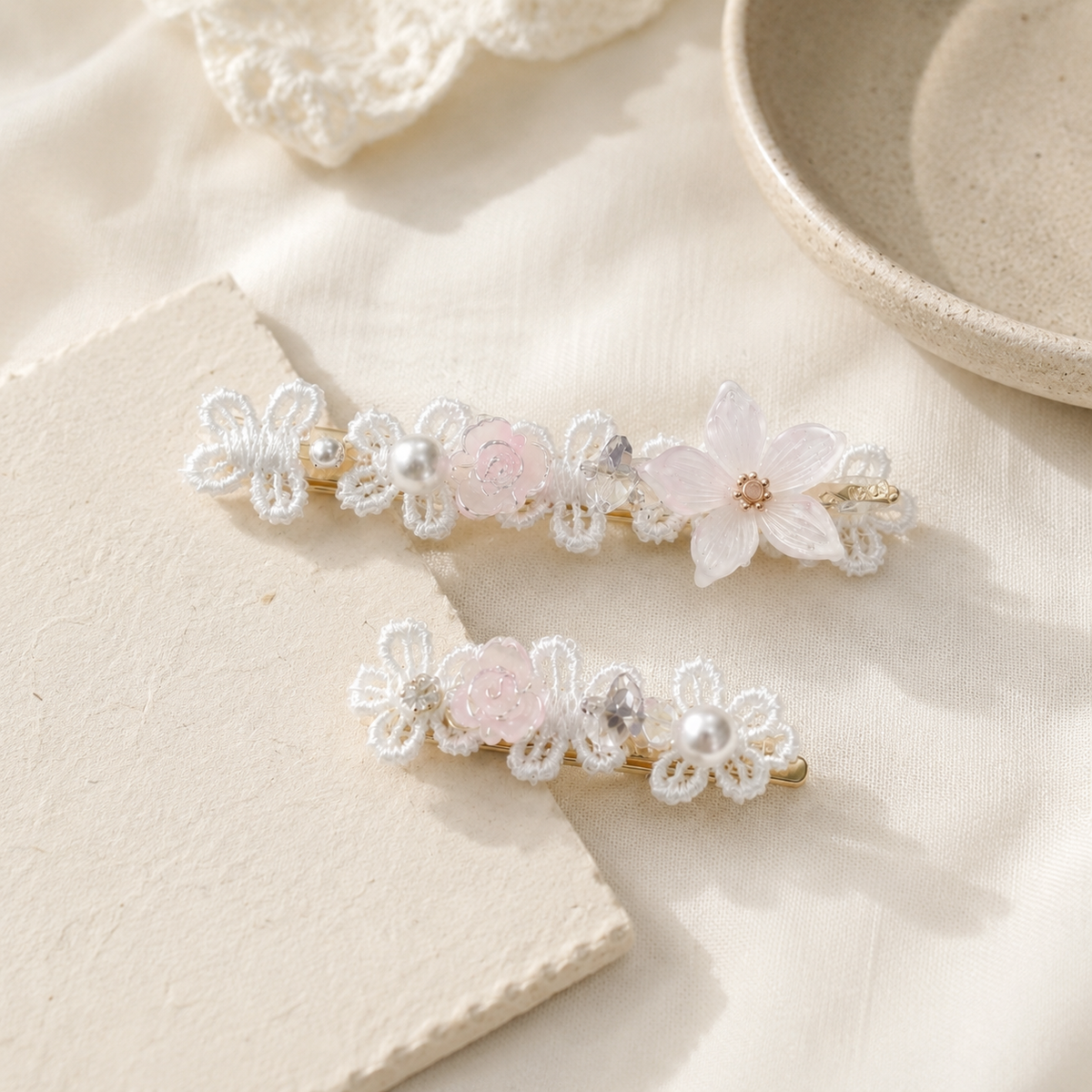 Blush Lace Flower Hair Clip Set