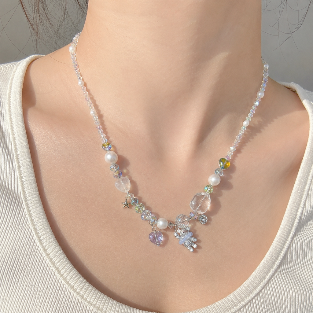 Iridescent Crystal & Pearl Charm Necklace