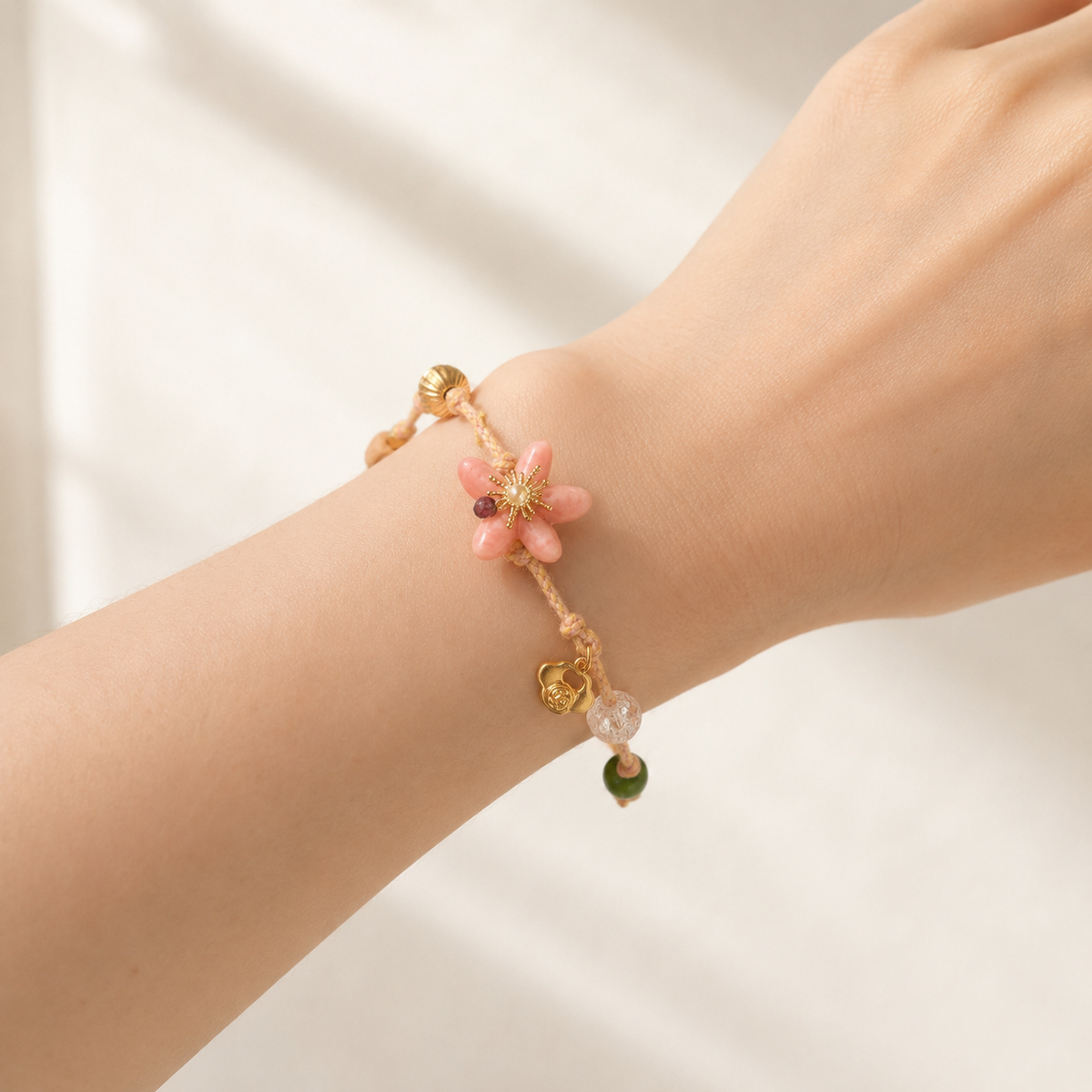 Peach Blossom Cord Charm Bracelet