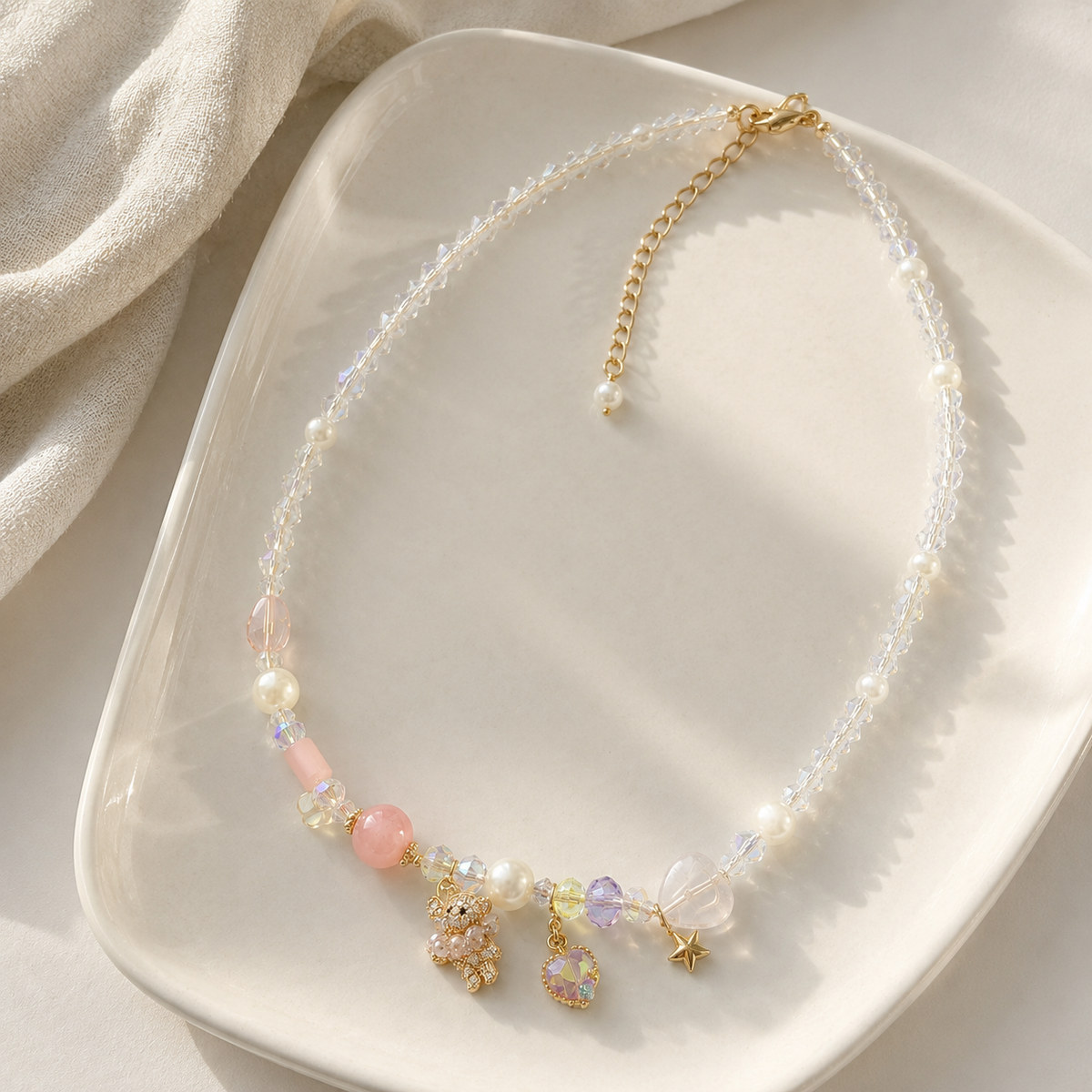 Pink Crystal & Pearl Charm Necklace