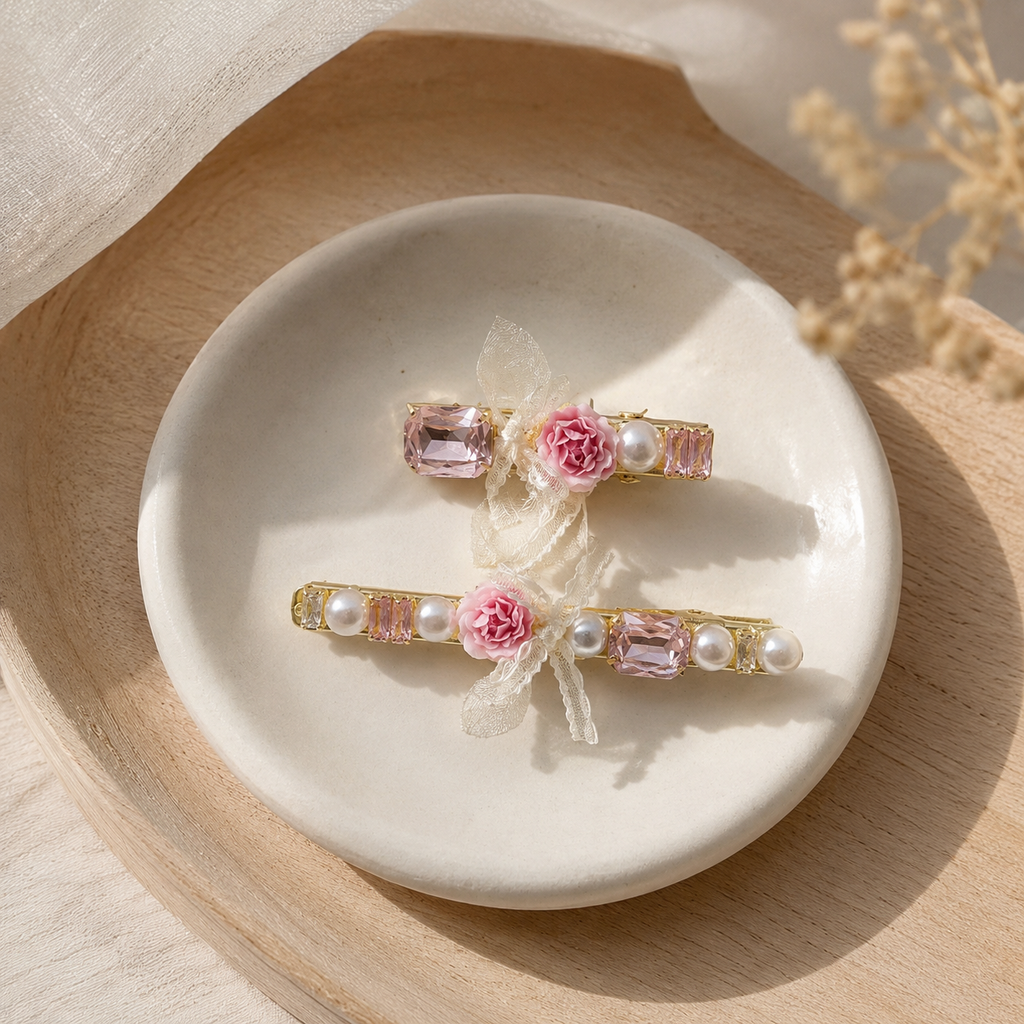 Blush Rose Ribbon Hair Clip Set