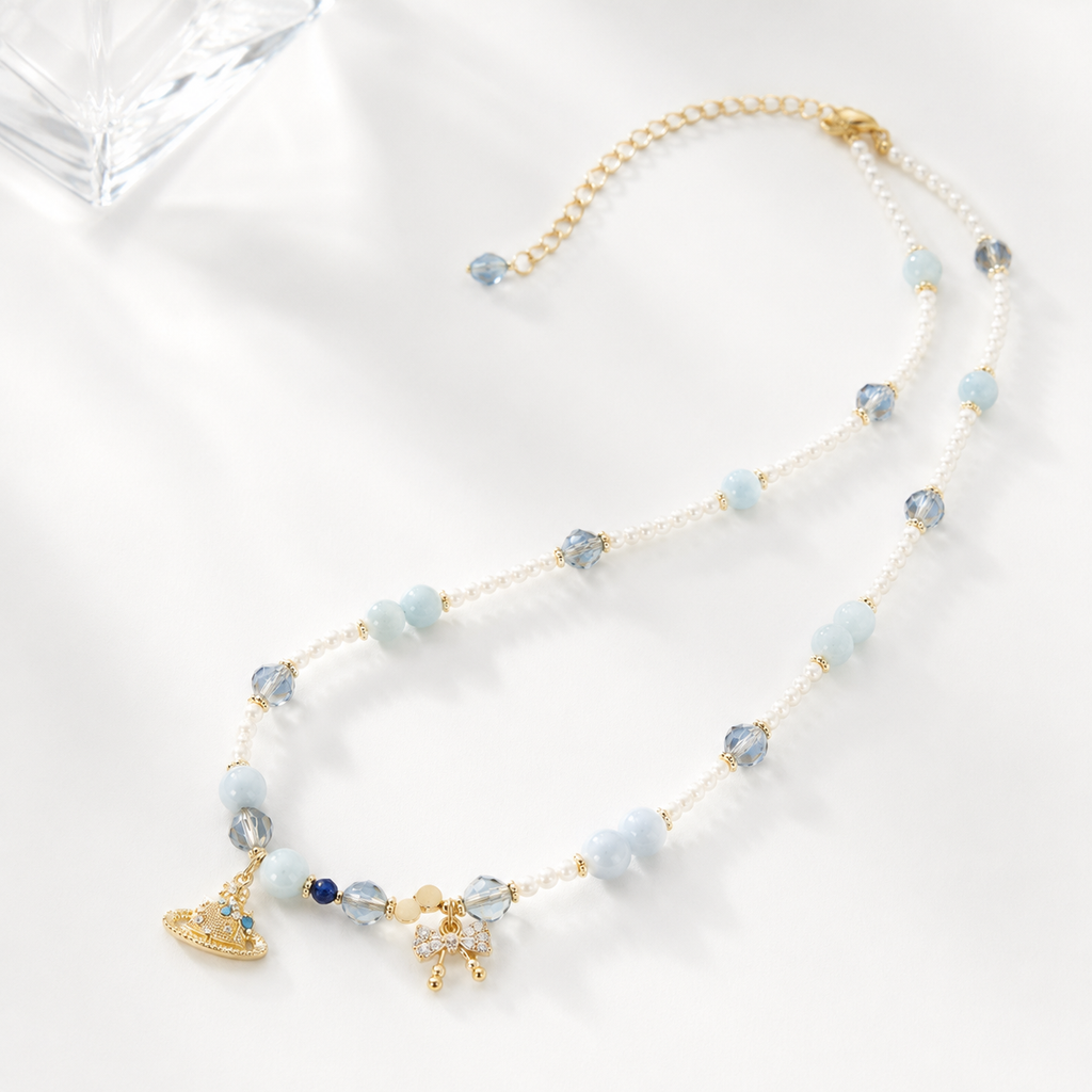 Powder Blue Crown Charm Necklace