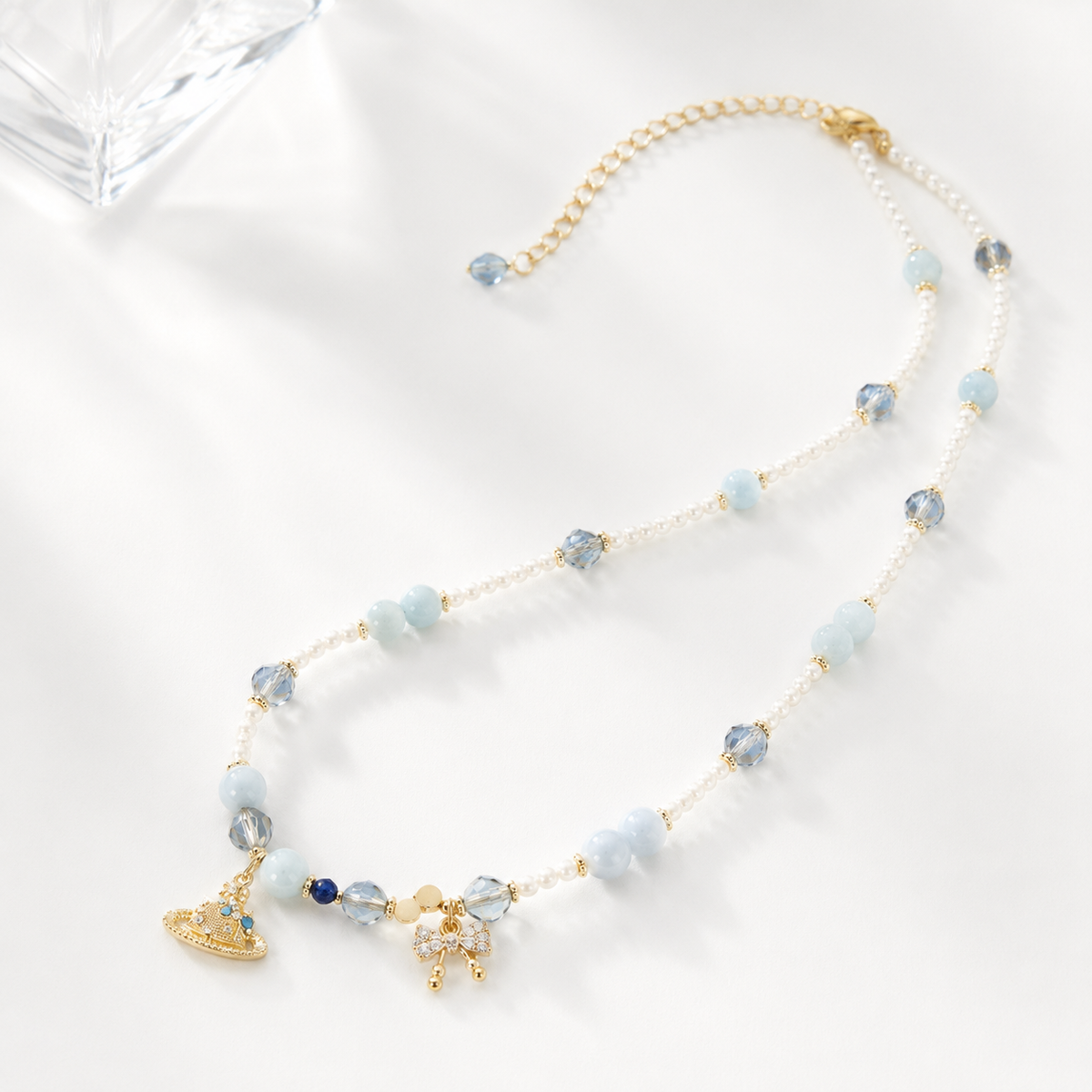 Powder Blue Crown Charm Necklace