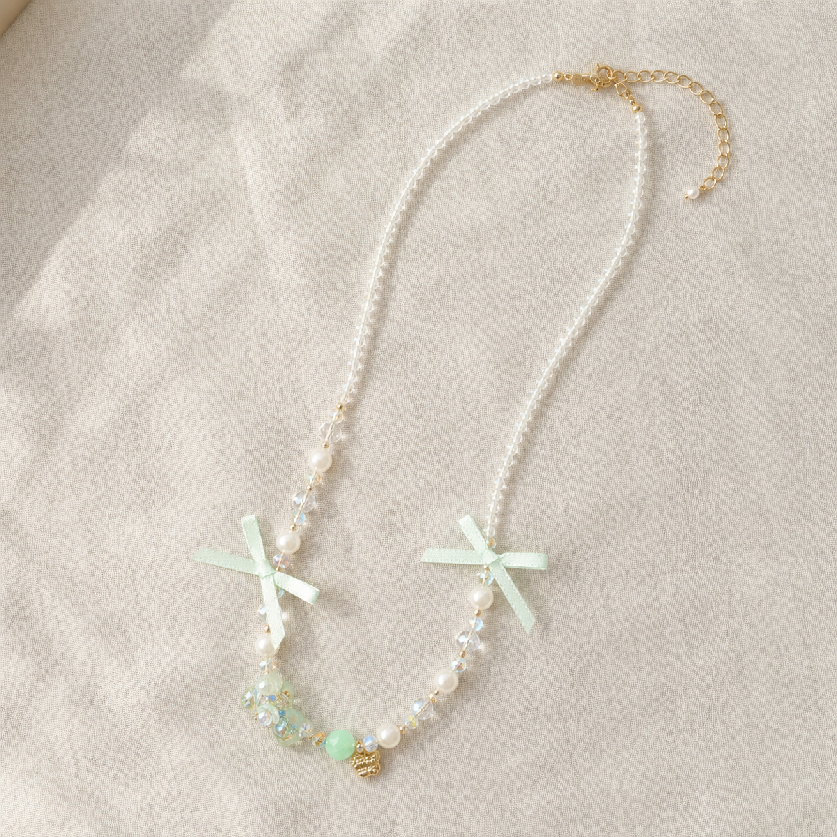 Mint Ribbon Crystal Necklace