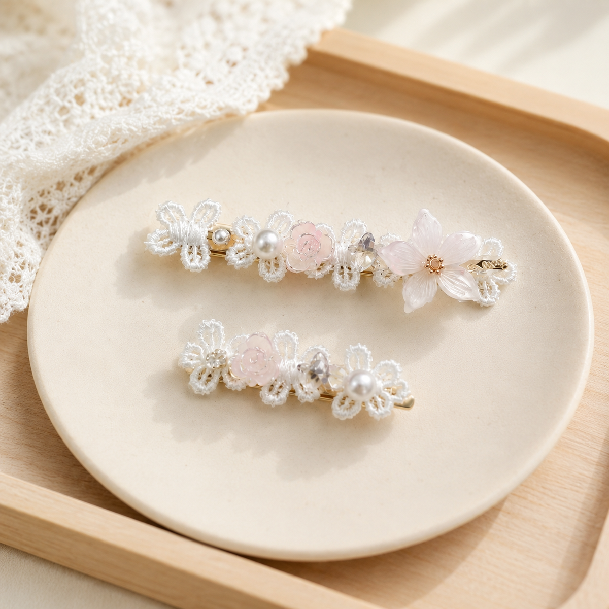 Blush Lace Flower Hair Clip Set