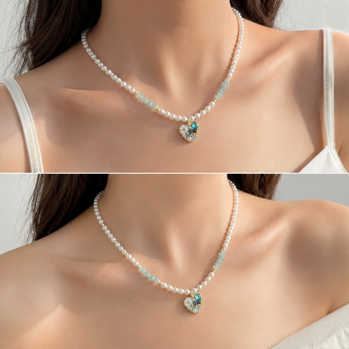 Aqua Heart Pearl Necklace