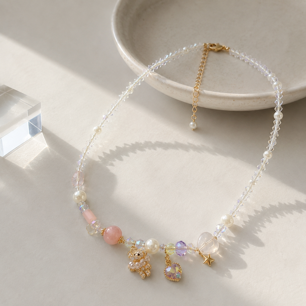 Pink Crystal & Pearl Charm Necklace