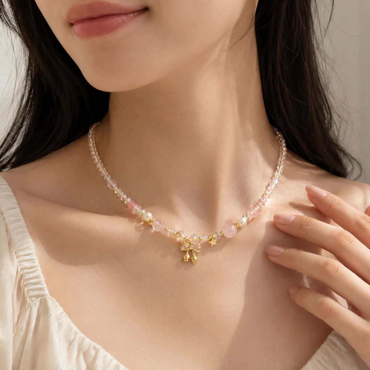 Blush Bow Crystal Necklace