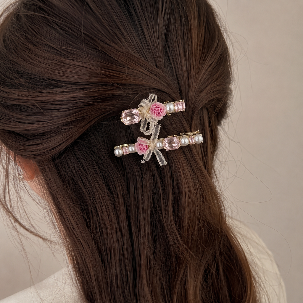 Blush Rose Ribbon Hair Clip Set