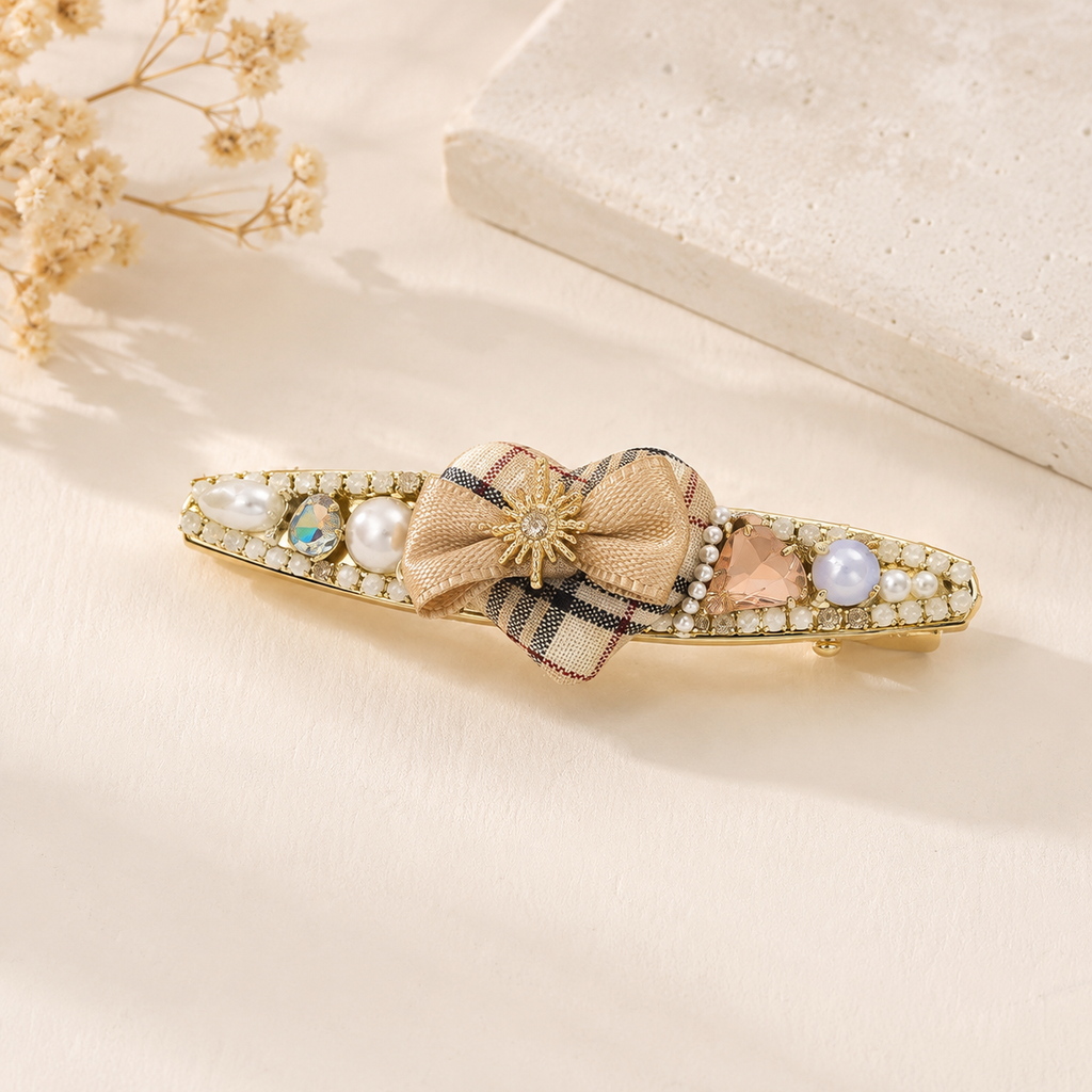 Plaid Bow Pearl Hair Clip