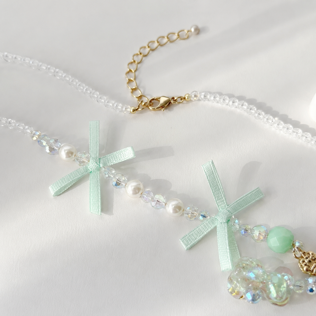 Mint Ribbon Crystal Necklace