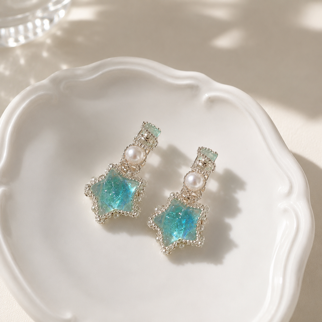 Aqua Star Pearl Drop Earrings